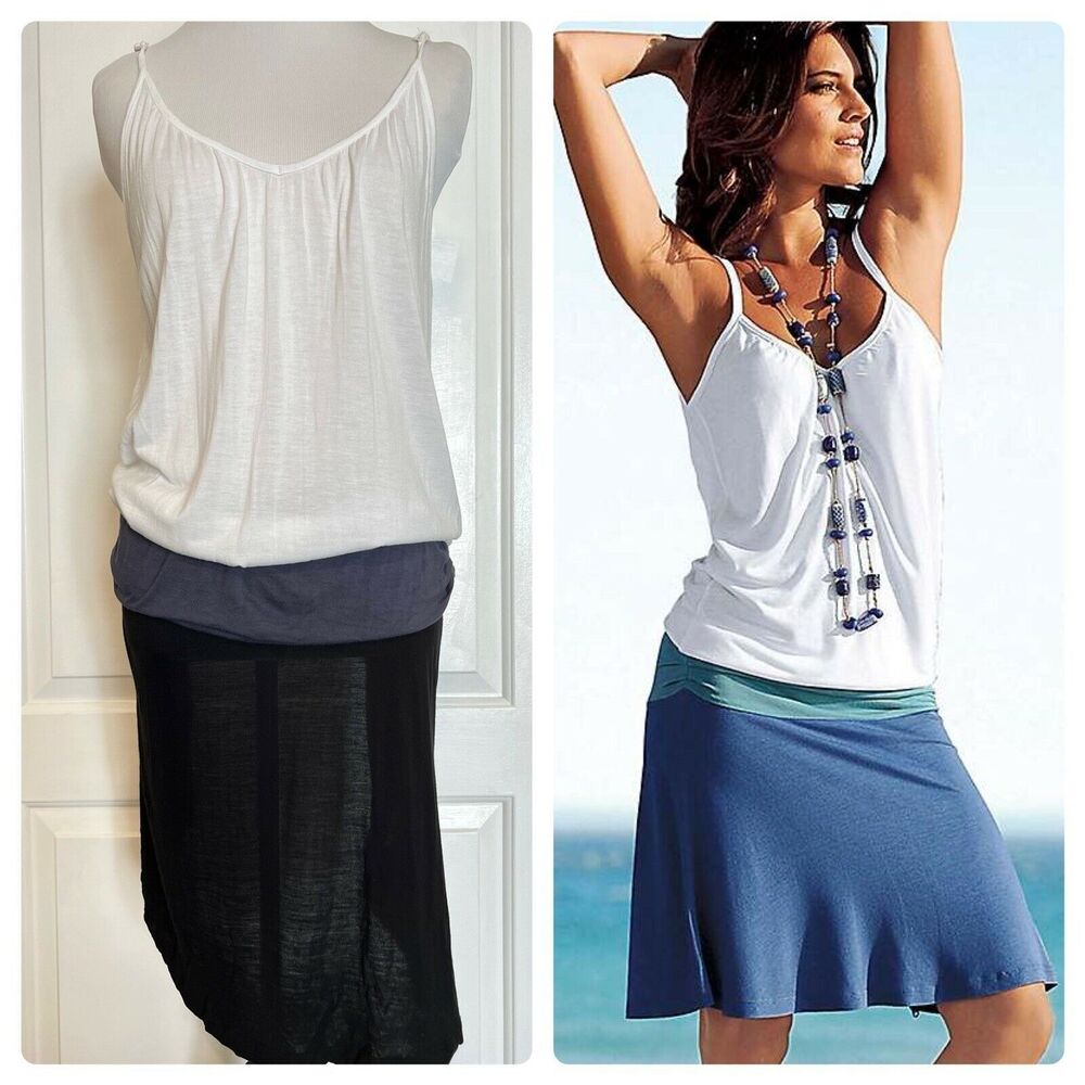BEACH TIME Drop Waist Sleeveless Dress White Blue Black Colorblock EU 42 US 8 M